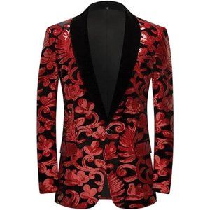 Men Fashion Velvet Sequins Floral Pattern Suit Jacket Blazer , L, NWOT